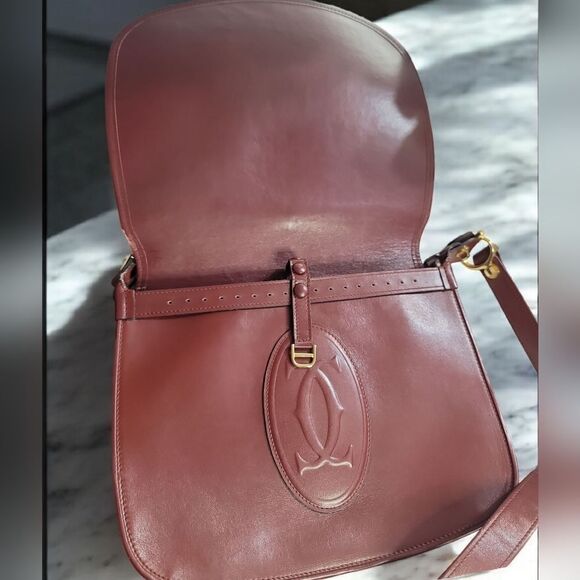 Cartier BORDEAUX and Gold Shoulder SADDLE Bag with Flap Closure VINTAGE - Picture 11 of 16